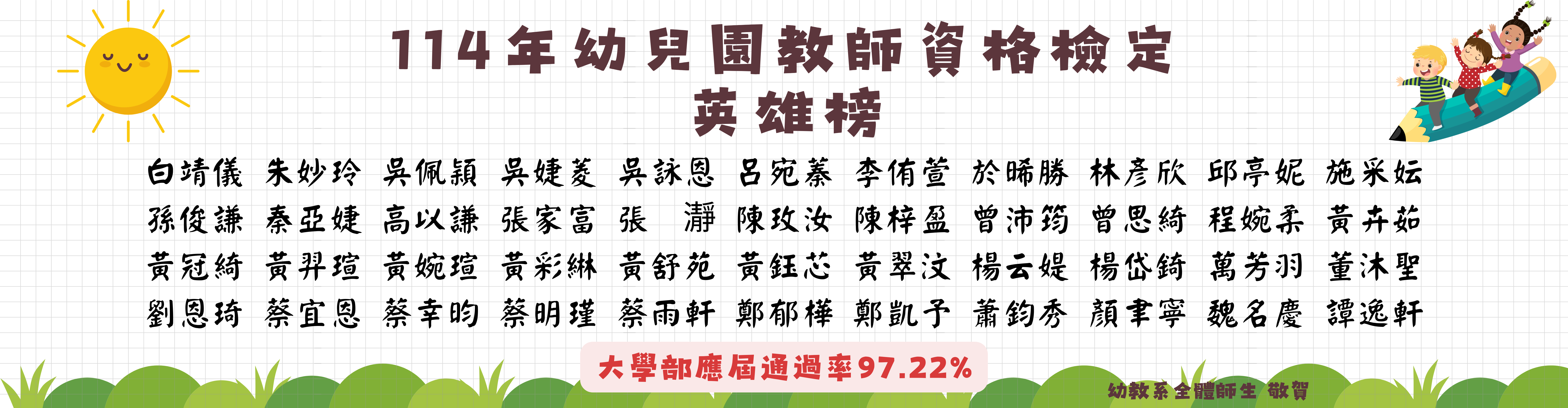 114年幼兒園教師資格檢定英雄榜。